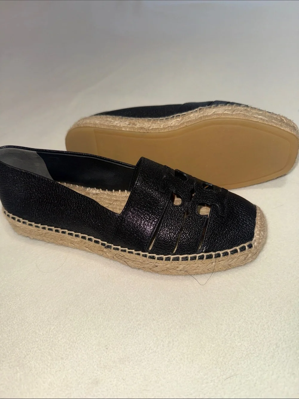 Tory Burch Black Leather Cutout Espadrille Loafers Never Worn